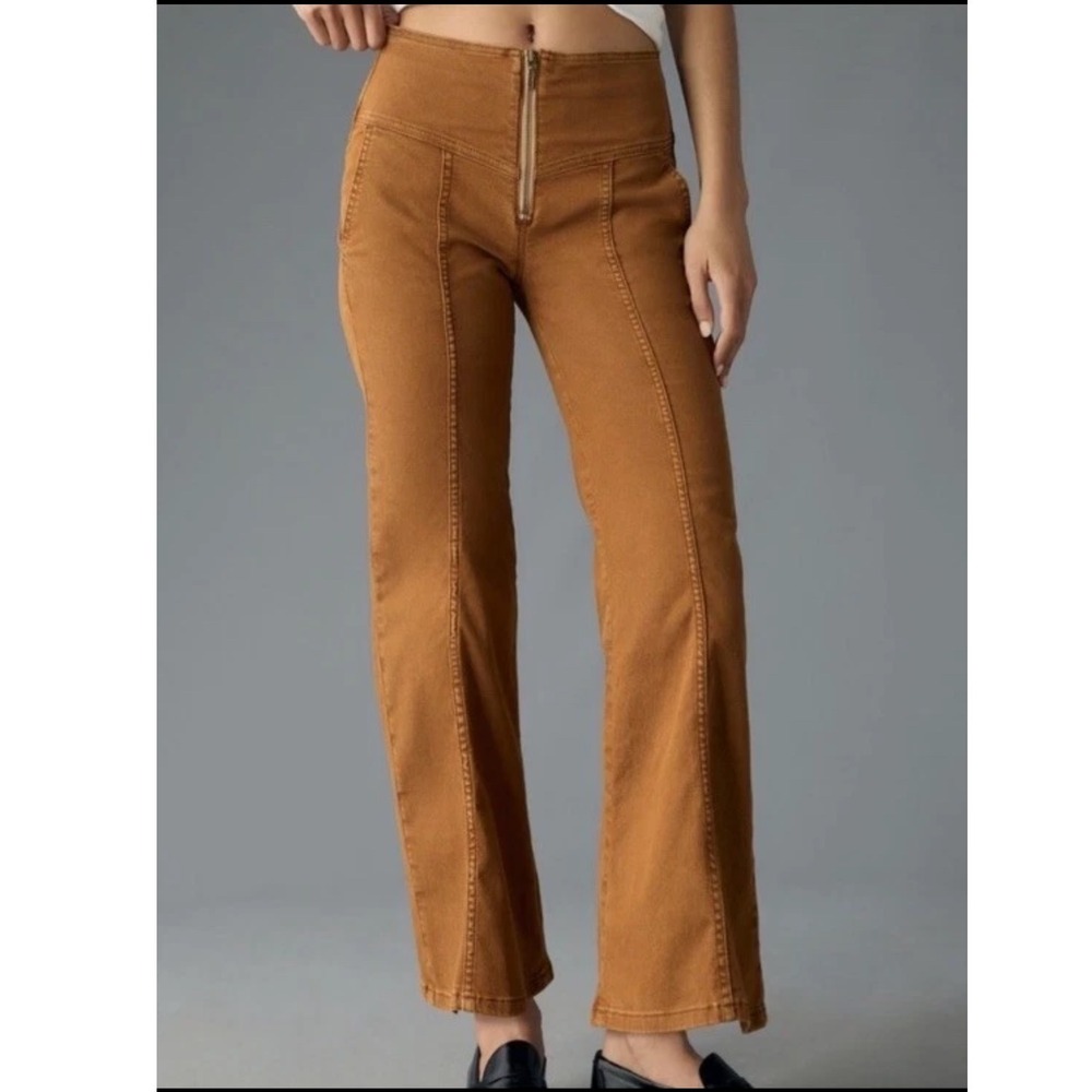 Pilcro Antho Women's Flare Leg Jeans Size 27‎ High Waist Front Zip Caramel Pants